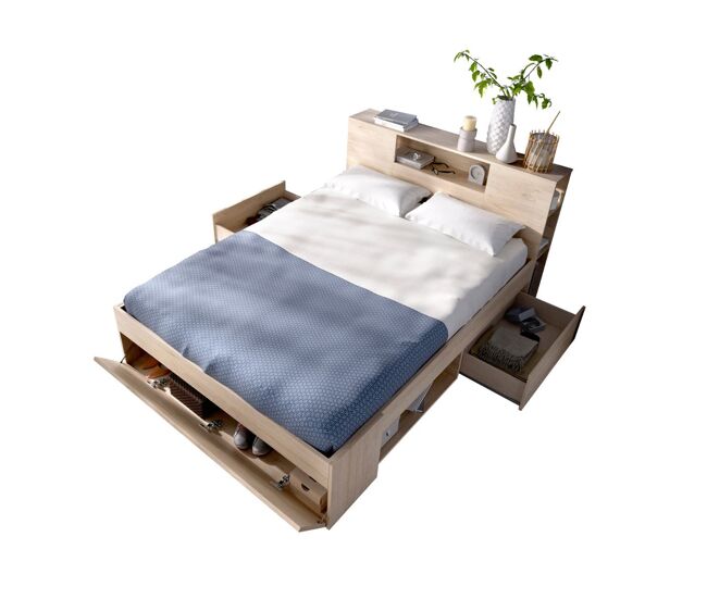 Cama lanka cabecero estantería natural 95x147x219 cm