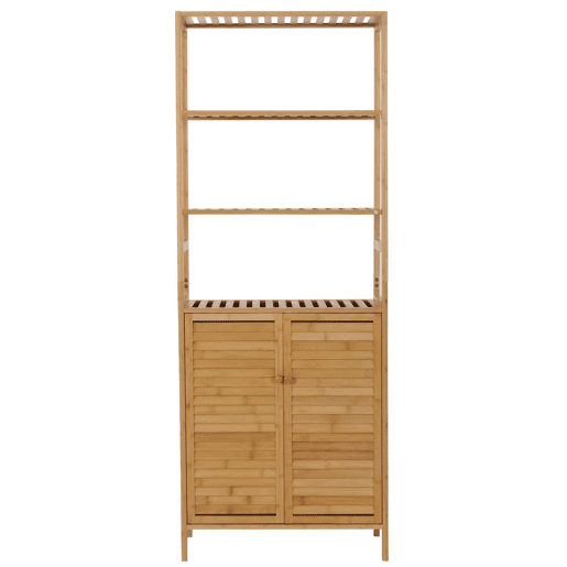 Armário alto para banheiro com prateleiras 2 portas 4 prateleiras MDF com acabamento em bambu 168x64x33 cm 04_0005757