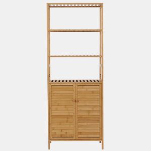 Armário alto para banheiro com prateleiras 2 portas 4 prateleiras MDF com acabamento em bambu 168x64x33 cm 04_0005757