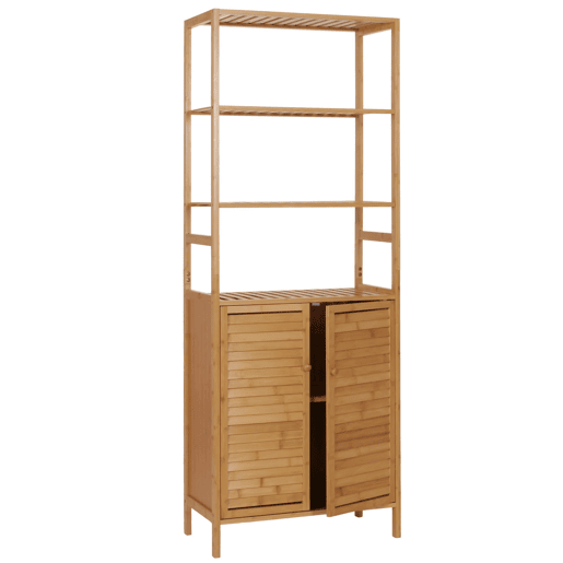 Armário alto para banheiro com prateleiras 2 portas 4 prateleiras MDF com acabamento em bambu 168x64x33 cm 04_0005757