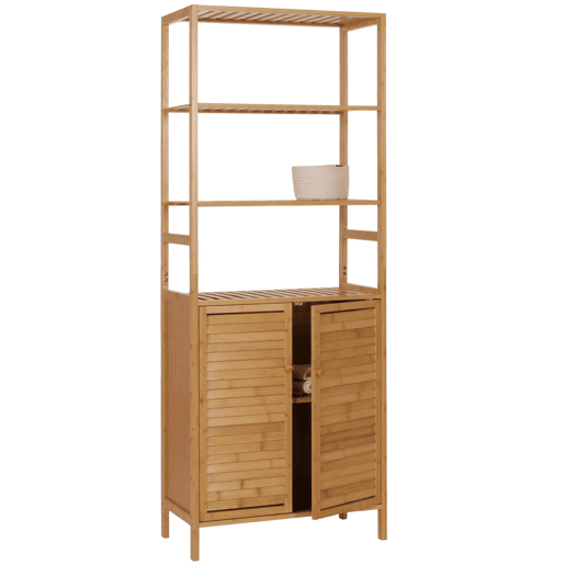 Armário alto para banheiro com prateleiras 2 portas 4 prateleiras MDF com acabamento em bambu 168x64x33 cm 04_0005757