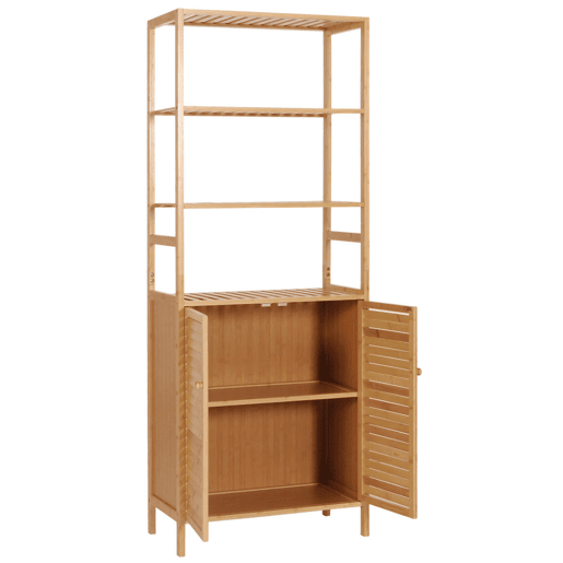 Armário alto para banheiro com prateleiras 2 portas 4 prateleiras MDF com acabamento em bambu 168x64x33 cm 04_0005757