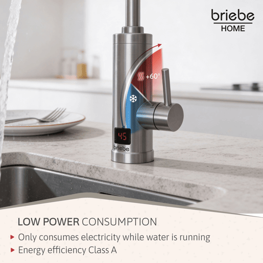 Briebe IH1205 Torneira com Aquecedor Elétrico Instantâneo de Bancada, Aquecedor de Água Baixo Consumo, Display, Inox, 3600, Aço Inoxidável