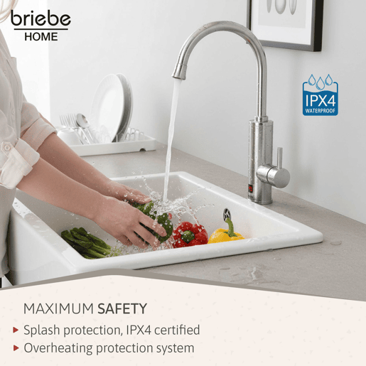 Briebe IH1205 Torneira com Aquecedor Elétrico Instantâneo de Bancada, Aquecedor de Água Baixo Consumo, Display, Inox, 3600, Aço Inoxidável