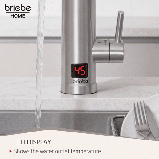 Briebe IH1205 Torneira com Aquecedor Elétrico Instantâneo de Bancada, Aquecedor de Água Baixo Consumo, Display, Inox, 3600, Aço Inoxidável