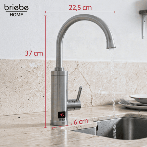 Briebe IH1205 Torneira com Aquecedor Elétrico Instantâneo de Bancada, Aquecedor de Água Baixo Consumo, Display, Inox, 3600, Aço Inoxidável