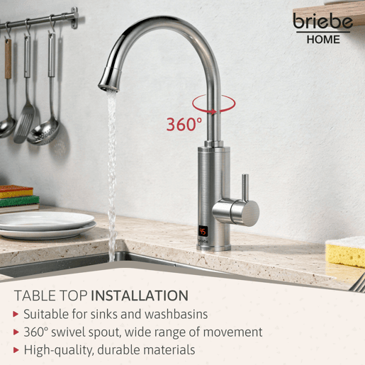 Briebe IH1205 Torneira com Aquecedor Elétrico Instantâneo de Bancada, Aquecedor de Água Baixo Consumo, Display, Inox, 3600, Aço Inoxidável