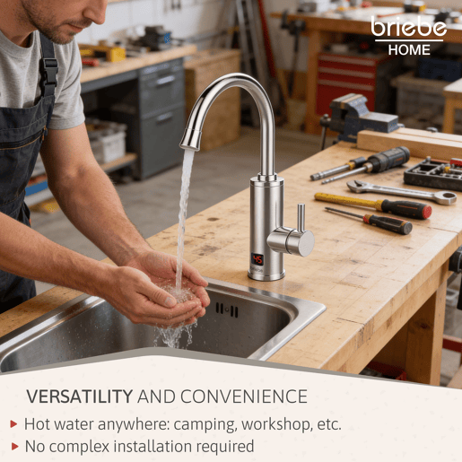 Briebe IH1205 Torneira com Aquecedor Elétrico Instantâneo de Bancada, Aquecedor de Água Baixo Consumo, Display, Inox, 3600, Aço Inoxidável