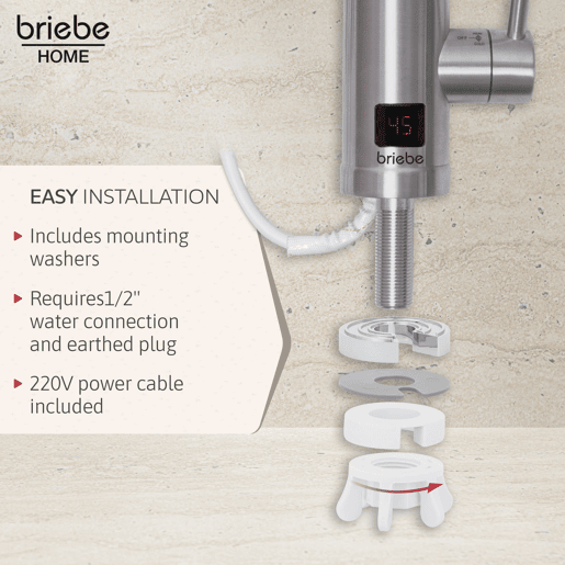 Briebe IH1205 Torneira com Aquecedor Elétrico Instantâneo de Bancada, Aquecedor de Água Baixo Consumo, Display, Inox, 3600, Aço Inoxidável