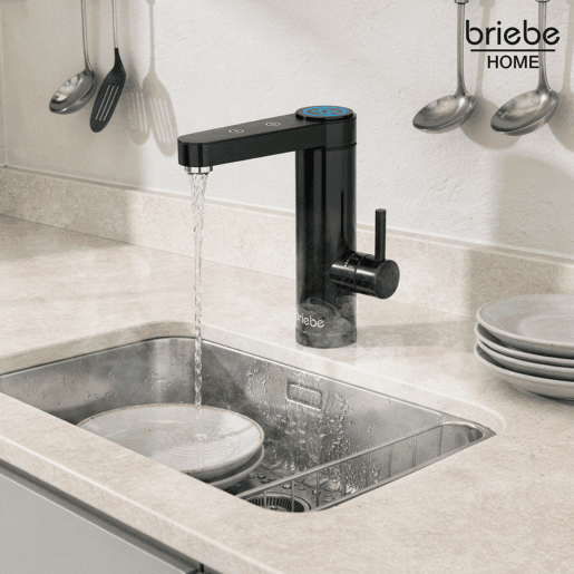 Briebe IH1206 Torneira com Aquecedor Elétrico Instantâneo de Bancada, Aquecedor de Água Baixo Consumo, Display, Inox, 3600, Preto