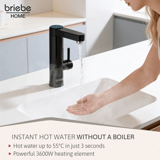 Briebe IH1206 Torneira com Aquecedor Elétrico Instantâneo de Bancada, Aquecedor de Água Baixo Consumo, Display, Inox, 3600, Preto