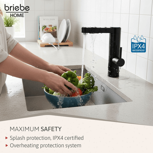 Briebe IH1206 Torneira com Aquecedor Elétrico Instantâneo de Bancada, Aquecedor de Água Baixo Consumo, Display, Inox, 3600, Preto