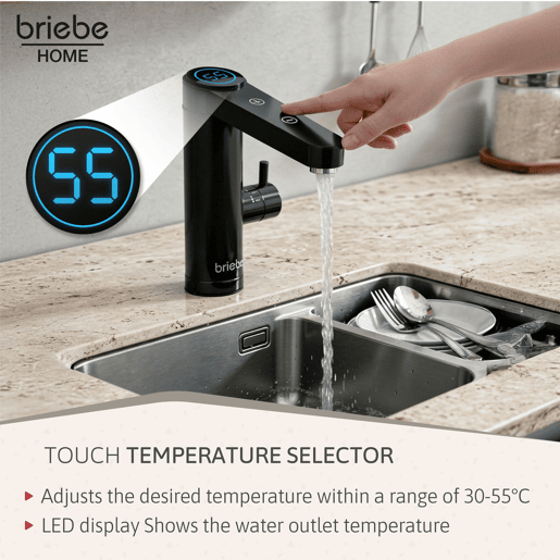 Briebe IH1206 Torneira com Aquecedor Elétrico Instantâneo de Bancada, Aquecedor de Água Baixo Consumo, Display, Inox, 3600, Preto