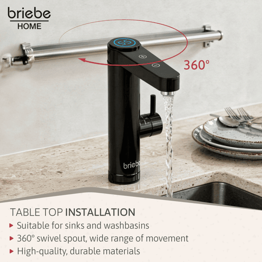 Briebe IH1206 Torneira com Aquecedor Elétrico Instantâneo de Bancada, Aquecedor de Água Baixo Consumo, Display, Inox, 3600, Preto