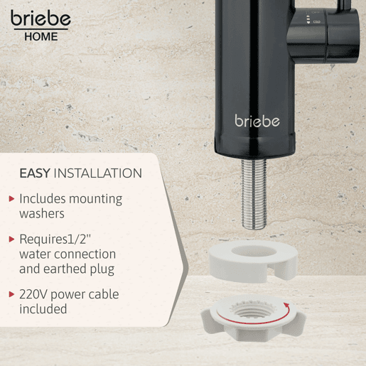 Briebe IH1206 Torneira com Aquecedor Elétrico Instantâneo de Bancada, Aquecedor de Água Baixo Consumo, Display, Inox, 3600, Preto