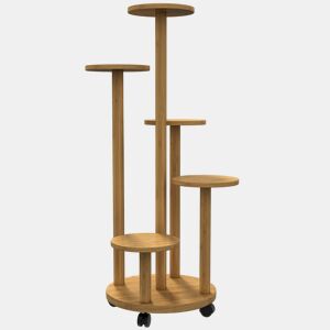 Outsunny Suporte para Plantas em Bambu com Rodas de 5 Níveis Estante Redonda para Plantas para Cantos Suporte para Vasos Interior e Exterior 33x33x90 cm Madeira
