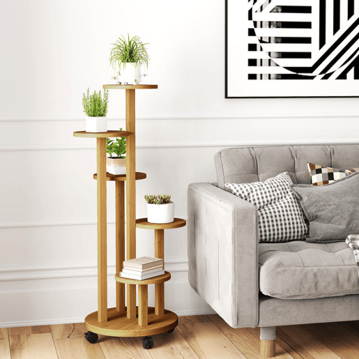 Outsunny Suporte para Plantas em Bambu com Rodas de 5 Níveis Estante Redonda para Plantas para Cantos Suporte para Vasos Interior e Exterior 33x33x90 cm Madeira