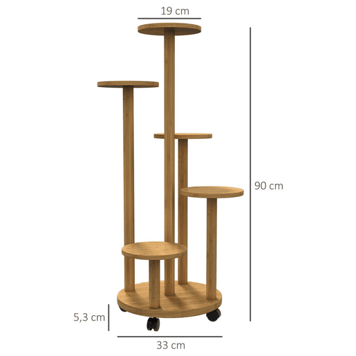 Outsunny Suporte para Plantas em Bambu com Rodas de 5 Níveis Estante Redonda para Plantas para Cantos Suporte para Vasos Interior e Exterior 33x33x90 cm Madeira