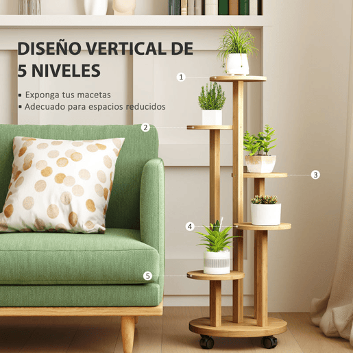 Outsunny Suporte para Plantas em Bambu com Rodas de 5 Níveis Estante Redonda para Plantas para Cantos Suporte para Vasos Interior e Exterior 33x33x90 cm Madeira