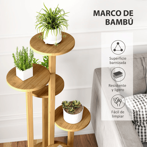 Outsunny Suporte para Plantas em Bambu com Rodas de 5 Níveis Estante Redonda para Plantas para Cantos Suporte para Vasos Interior e Exterior 33x33x90 cm Madeira