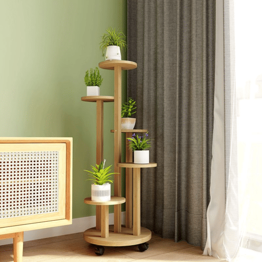 Outsunny Suporte para Plantas em Bambu com Rodas de 5 Níveis Estante Redonda para Plantas para Cantos Suporte para Vasos Interior e Exterior 33x33x90 cm Madeira