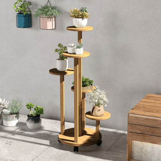Outsunny Suporte para Plantas em Bambu com Rodas de 5 Níveis Estante Redonda para Plantas para Cantos Suporte para Vasos Interior e Exterior 33x33x90 cm Madeira