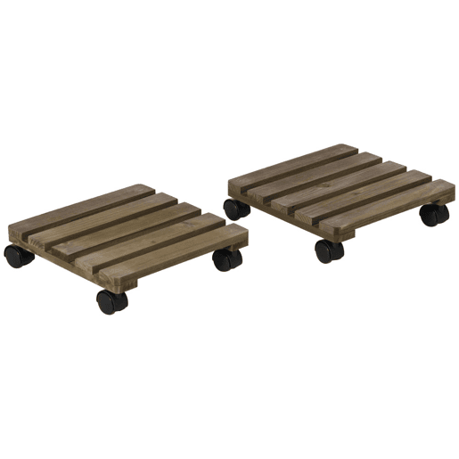 Outsunny Conjunto de 2 Suportes de Madeira com Rodas Suportes para Plantas com Rodas Giratórias 360° e Travão Bases para Vasos de Interior e Exterior Carga 50 kg Castanho Escuro