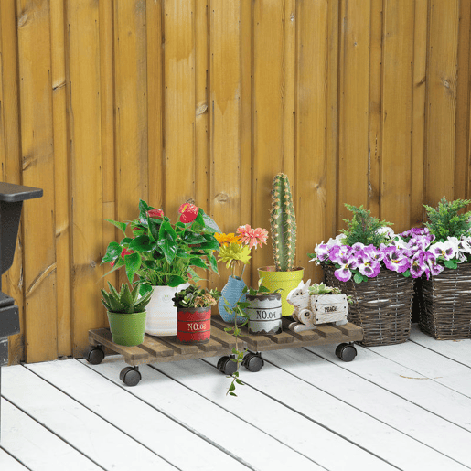 Outsunny Conjunto de 2 Suportes de Madeira com Rodas Suportes para Plantas com Rodas Giratórias 360° e Travão Bases para Vasos de Interior e Exterior Carga 50 kg Castanho Escuro