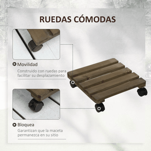 Outsunny Conjunto de 2 Suportes de Madeira com Rodas Suportes para Plantas com Rodas Giratórias 360° e Travão Bases para Vasos de Interior e Exterior Carga 50 kg Castanho Escuro