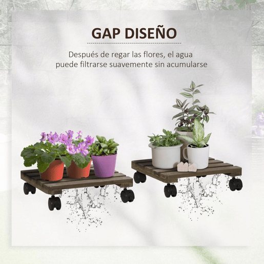 Outsunny Conjunto de 2 Suportes de Madeira com Rodas Suportes para Plantas com Rodas Giratórias 360° e Travão Bases para Vasos de Interior e Exterior Carga 50 kg Castanho Escuro