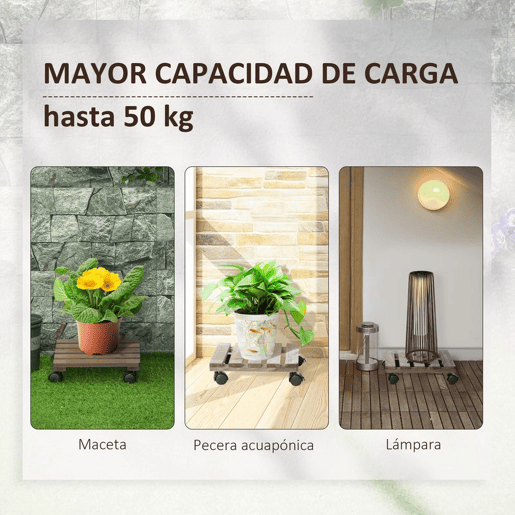 Outsunny Conjunto de 2 Suportes de Madeira com Rodas Suportes para Plantas com Rodas Giratórias 360° e Travão Bases para Vasos de Interior e Exterior Carga 50 kg Castanho Escuro