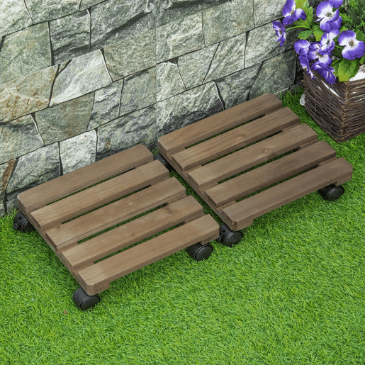 Outsunny Conjunto de 2 Suportes de Madeira com Rodas Suportes para Plantas com Rodas Giratórias 360° e Travão Bases para Vasos de Interior e Exterior Carga 50 kg Castanho Escuro