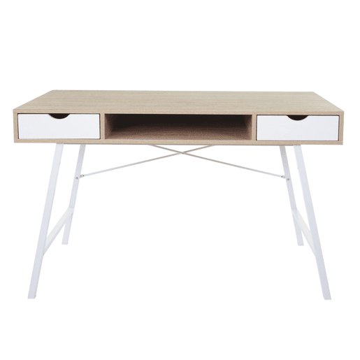 Mesa de computador com design escandinavo com 2 gavetas 120x60cm em MDF branco e marrom natural 04_0001440