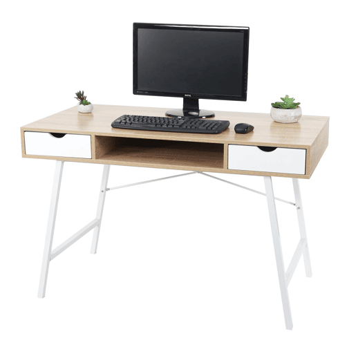 Mesa de computador com design escandinavo com 2 gavetas 120x60cm em MDF branco e marrom natural 04_0001440