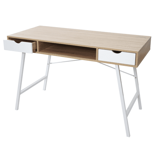 Mesa de computador com design escandinavo com 2 gavetas 120x60cm em MDF branco e marrom natural 04_0001440