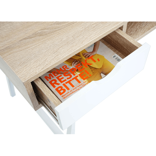 Mesa de computador com design escandinavo com 2 gavetas 120x60cm em MDF branco e marrom natural 04_0001440