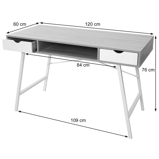 Mesa de computador com design escandinavo com 2 gavetas 120x60cm em MDF branco e marrom natural 04_0001440