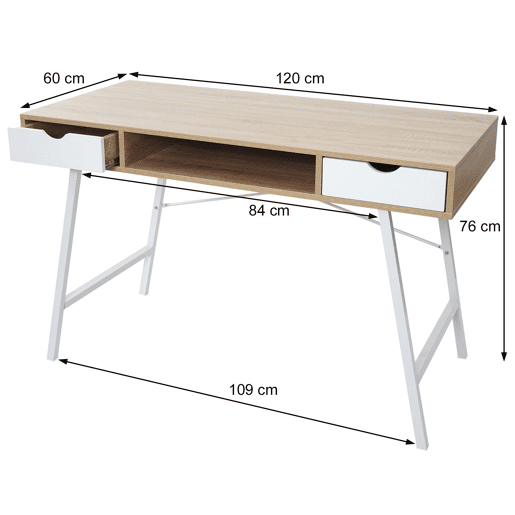 Mesa de computador com design escandinavo com 2 gavetas 120x60cm em MDF branco e marrom natural 04_0001440