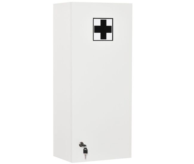 Kleankin botiquín de pared de primeros auxilios, botiquín de medicinas de 5 niveles con estantes ajustables de vidrio, cerradura y 2 llaves, para baño
