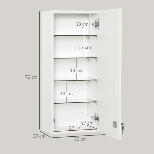 kleankin Armário de Medicamentos de Parede de 5 Níveis com Prateleiras Ajustáveis de Vidro Fechadura e 2 Chaves para Casa de Banho Cozinha 30x20x70 cm Branco