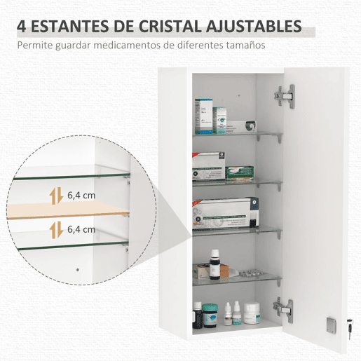 kleankin Armário de Medicamentos de Parede de 5 Níveis com Prateleiras Ajustáveis de Vidro Fechadura e 2 Chaves para Casa de Banho Cozinha 30x20x70 cm Branco