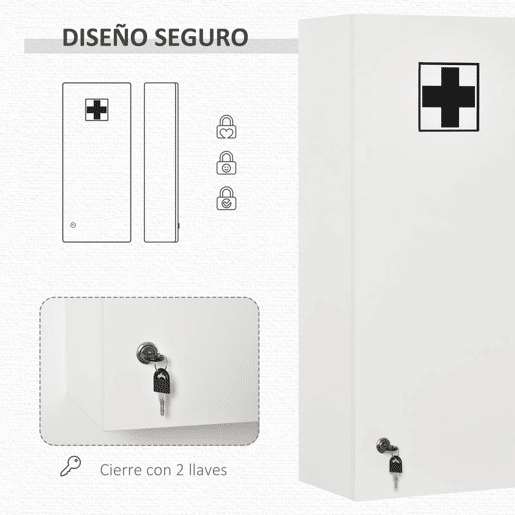 kleankin Armário de Medicamentos de Parede de 5 Níveis com Prateleiras Ajustáveis de Vidro Fechadura e 2 Chaves para Casa de Banho Cozinha 30x20x70 cm Branco