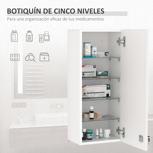 kleankin Armário de Medicamentos de Parede de 5 Níveis com Prateleiras Ajustáveis de Vidro Fechadura e 2 Chaves para Casa de Banho Cozinha 30x20x70 cm Branco