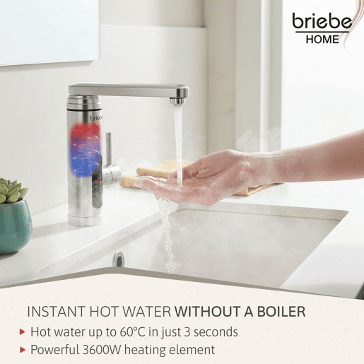 Briebe IH1204 Torneira com Aquecedor Elétrico Instantâneo de Bancada, Aquecedor de Água Baixo Consumo, Display, Inox, 3600, Aço Inoxidável
