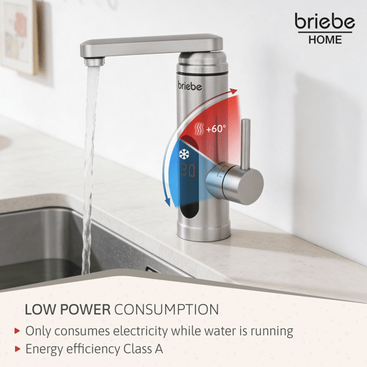 Briebe IH1204 Torneira com Aquecedor Elétrico Instantâneo de Bancada, Aquecedor de Água Baixo Consumo, Display, Inox, 3600, Aço Inoxidável