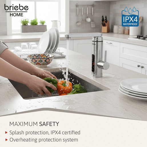 Briebe IH1204 Torneira com Aquecedor Elétrico Instantâneo de Bancada, Aquecedor de Água Baixo Consumo, Display, Inox, 3600, Aço Inoxidável