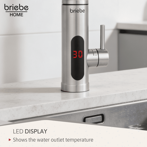Briebe IH1204 Torneira com Aquecedor Elétrico Instantâneo de Bancada, Aquecedor de Água Baixo Consumo, Display, Inox, 3600, Aço Inoxidável