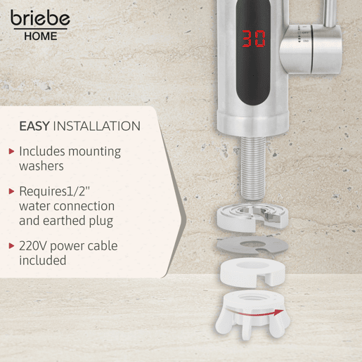 Briebe IH1204 Torneira com Aquecedor Elétrico Instantâneo de Bancada, Aquecedor de Água Baixo Consumo, Display, Inox, 3600, Aço Inoxidável