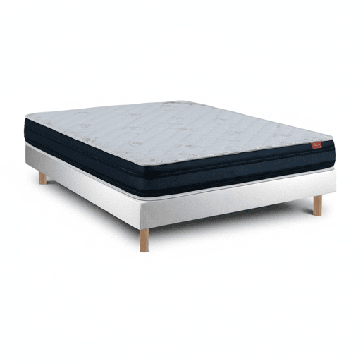 Conjunto Viscoflex Ortopédico e Sommier 200 x 160 cm u2014 Colchão 22 cm, sommier monobloco com pés de madeira 15 cm, altura total 52 cm.