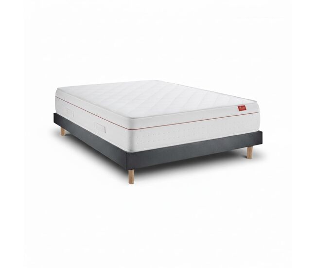 Conjunto deluxe ortopédico 150 x 200 cm, colchón muelles ensacados 27 cm, doble firmeza, kit cama madera milano, tapizado terciopelo, altura total 57